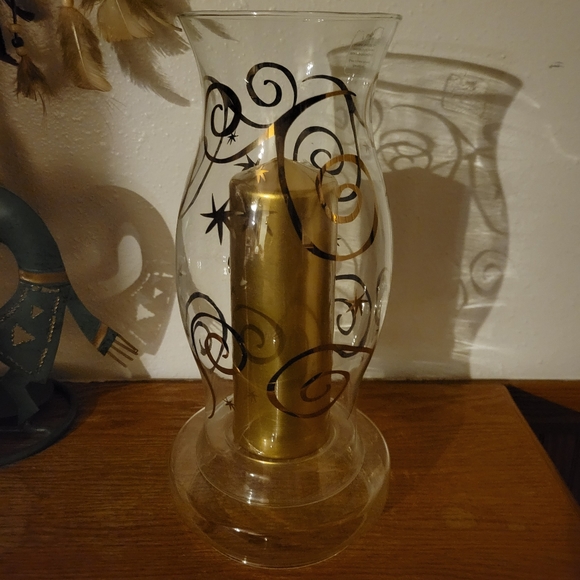 Vtg Pier 1 Imports 2 Piece Candle Holder Clear Glass Gold Accents & Wax Candle - Picture 2 of 2